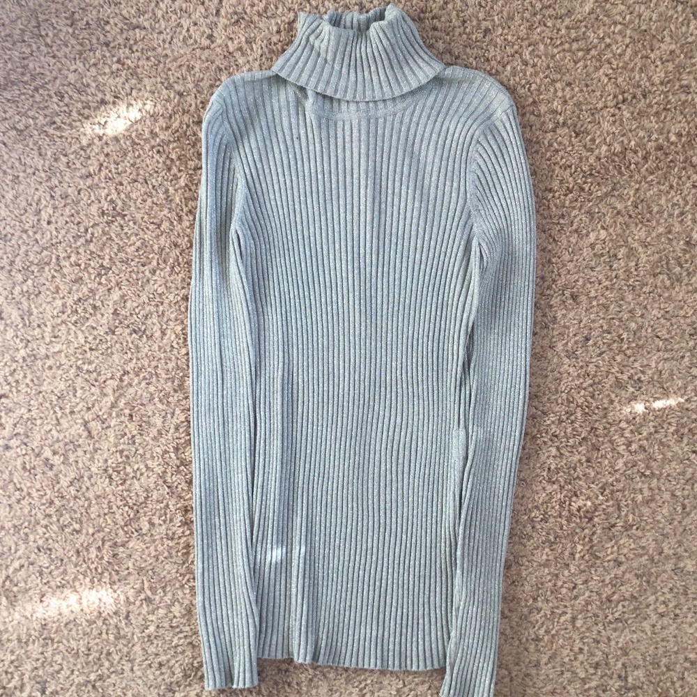 Express Womens Rib Knit Sparkle Gray Turtleneck Sweater